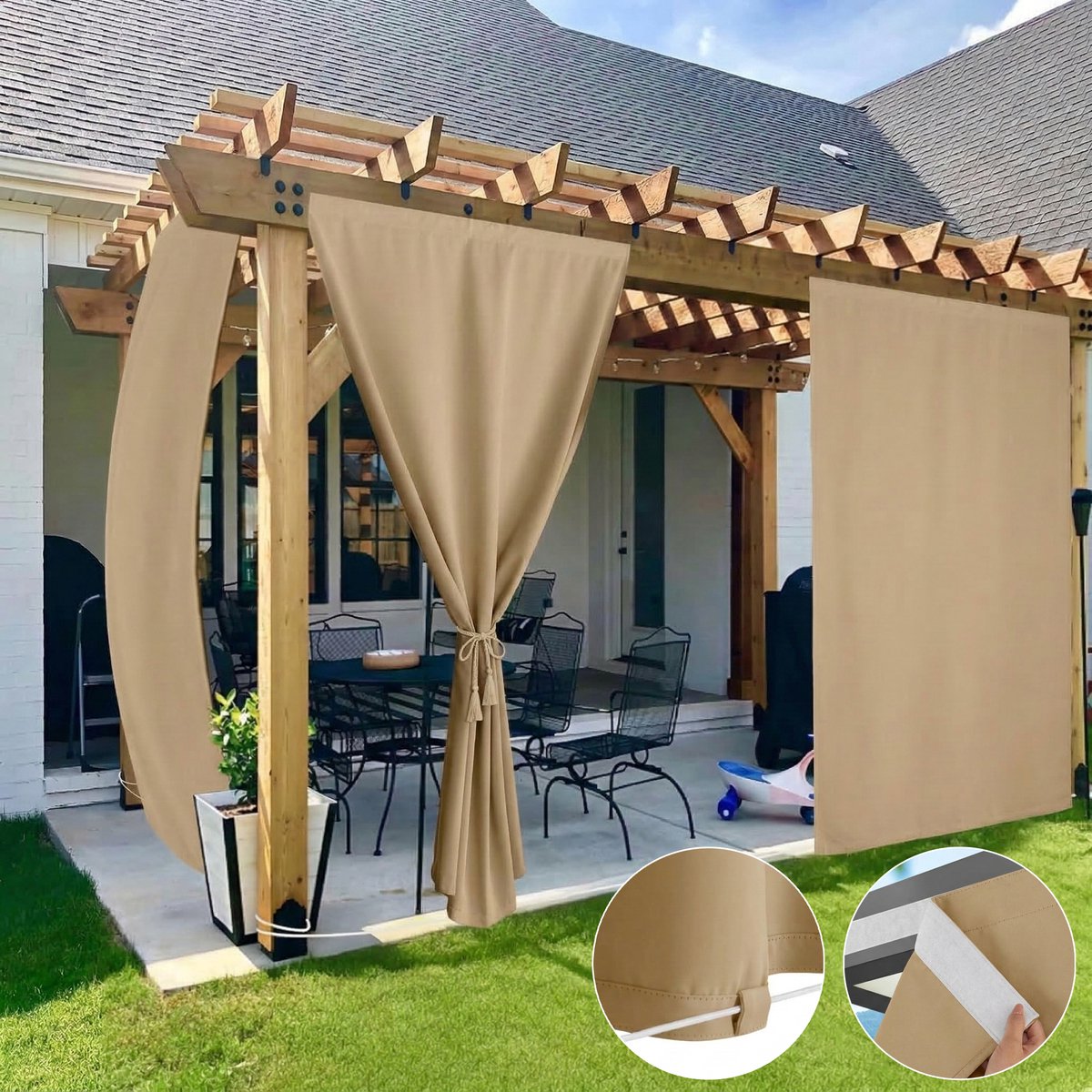 Qelus 2 Stuks Winddicht Buitengordijn Klittenband & Lussen - 100% Verduisterend Outdoor Gordijn Waterdicht - Zonder Roede Demonteren - Rideau Occultant - 132x244cm - Beige