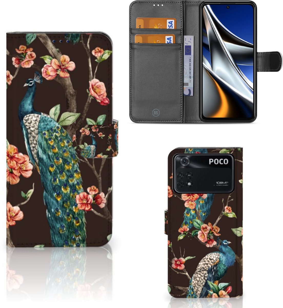Xiaomi Poco X4 Pro 5G Telefoonhoesje met Pasjes Pauw met Bloemen