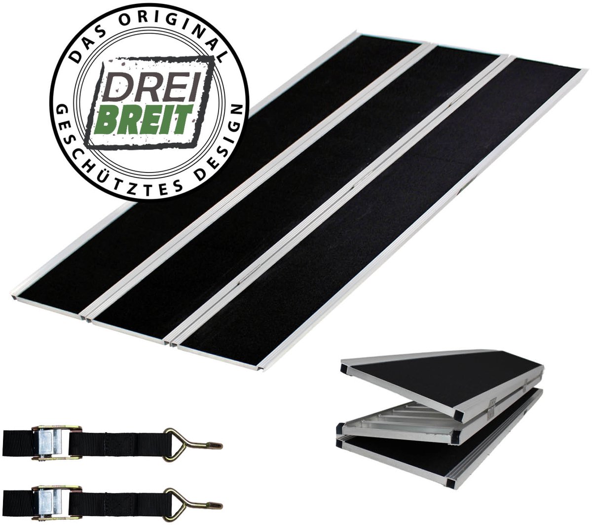 DREIBREIT by TRUTZHOLM 3-voudige oprijplaat opvouwbaar 175cm draagvermogen 1020kg aluminium grijs zwart gecoat laadbrug