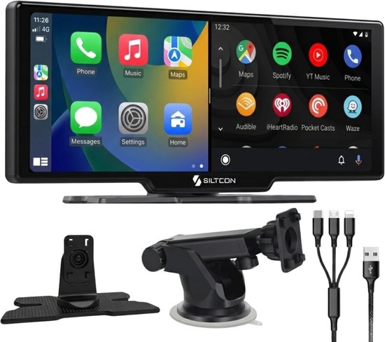 Siltcon® Geschikt voor CarPlay Scherm 10.26 Inch – Geschikt voor Android Auto Scherm – Draadloos - Navigatiesysteem Auto – Auto Scherm – Universeel – Touchscreen - Incl. Telefoonladers