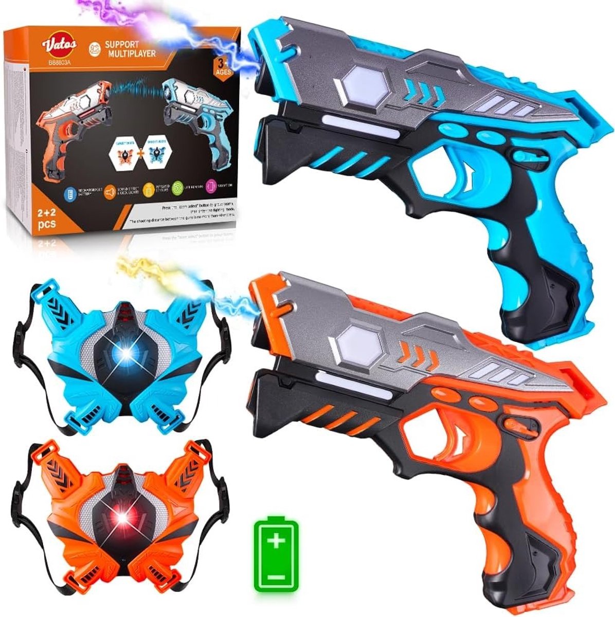 VATOS Laser Tag Set - 2 Laserguns & 2 Vesten - 4 Schietmodi, 30 Meter Bereik, Infrarood Battle Game voor Binnen en Buiten - Cadeau Spleegoed voor Kinderen 3+ Jaar