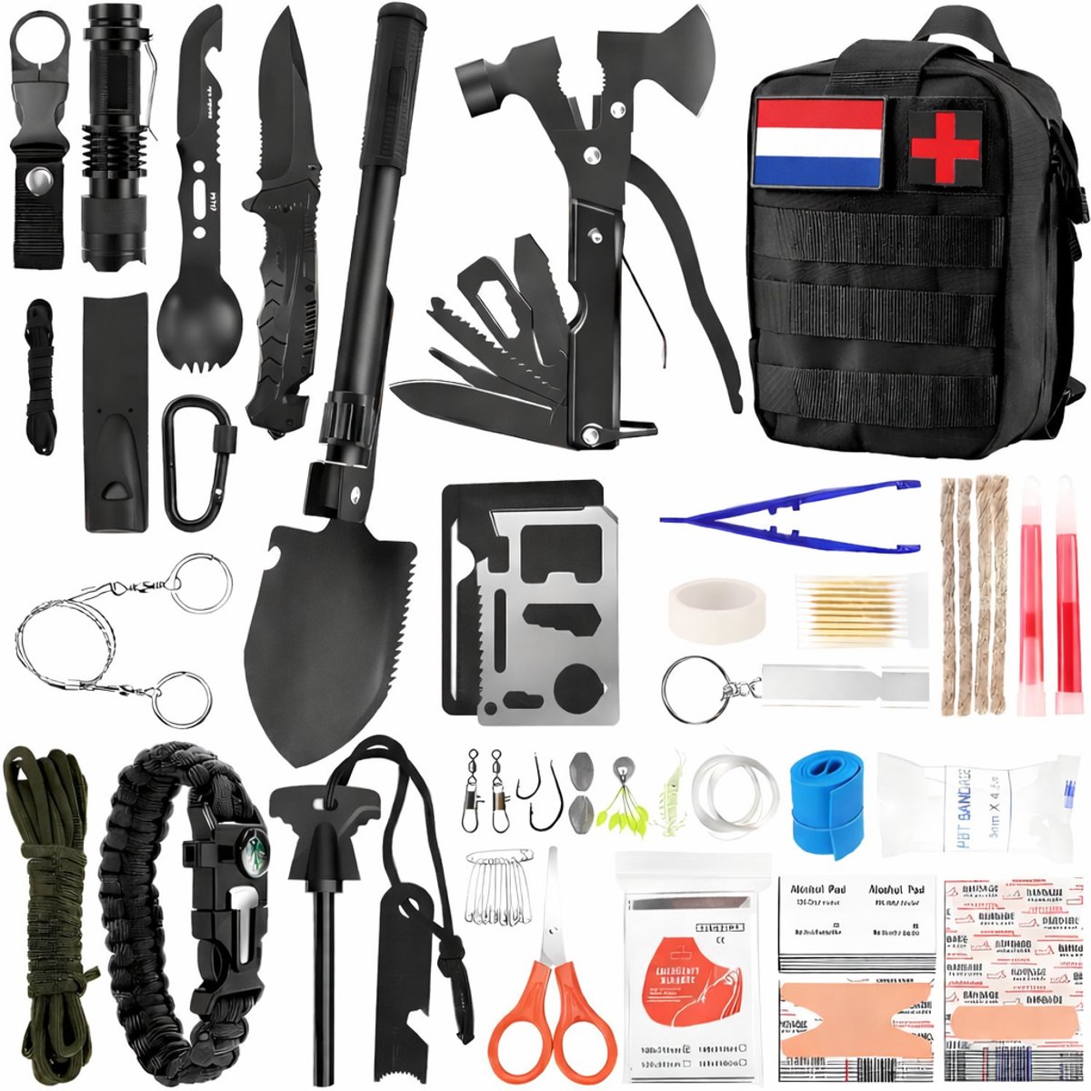 XXL Survival Kit 92-in-1 – Noodpakket Outdoor & Camping – Bushcraft Survival Set met EHBO Kit, Multitool, Bijl, Zaklamp & Paracord – Inclusief Tactische Tas met NL Patch