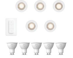 Philips Hue Peridot Set van 5 Inbouwspots (Wit) – Rond – Niet Richtbaar – GU10 – Warmwit Licht – Incl. Hue Dimmer Switch – Hue White