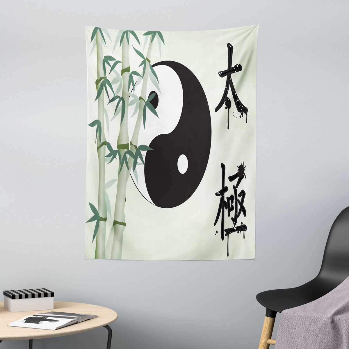 ABAKUHAUS Yin-Yang Wandtapijt, Taiji Eenheid, 110 x 150 cm, meerkleurig zwart