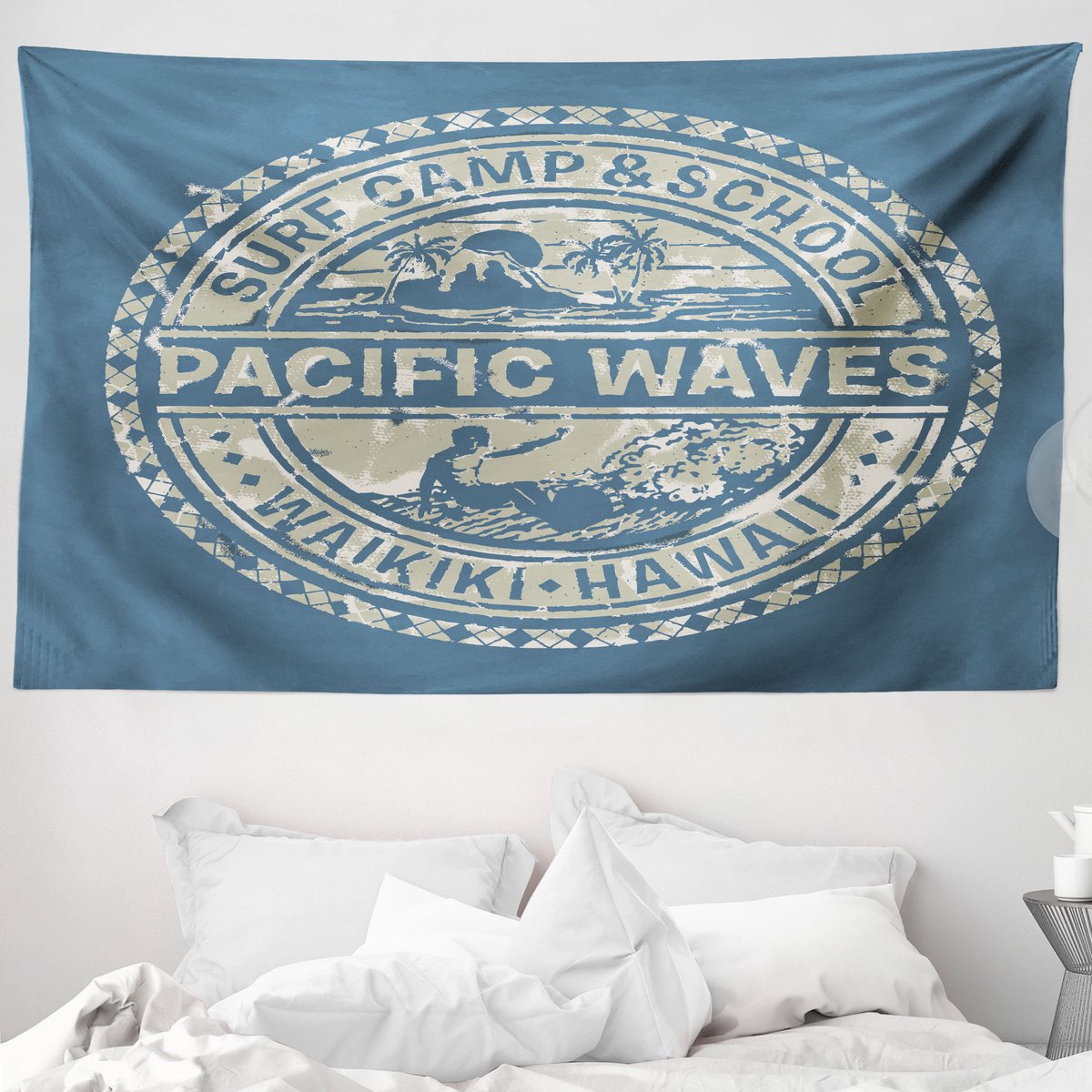 ABAKUHAUS Modern Wandtapijt, met Pacific Waves Surf Camp en Hawaii-logo, 230 x 140 cm, kaki leisteenblauw Khaki leisteenblauw