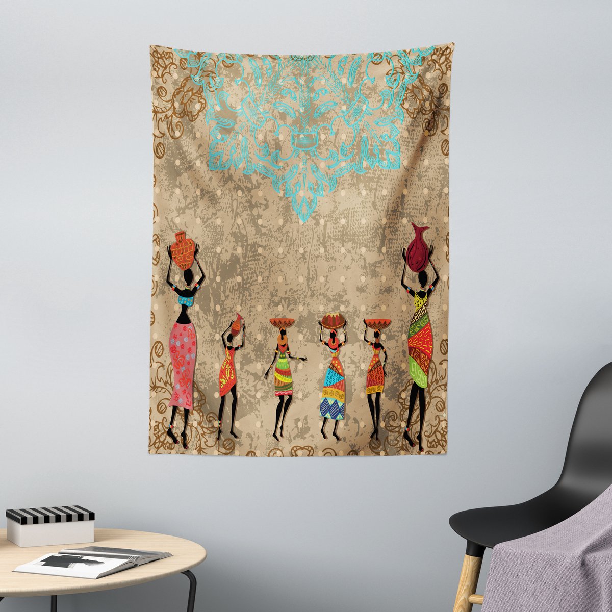 ABAKUHAUS Afrikaans wandtapijt en sprei, folkloristische boho Afrikaanse stijl, 110 x 150 cm, Seafoam Cocoa