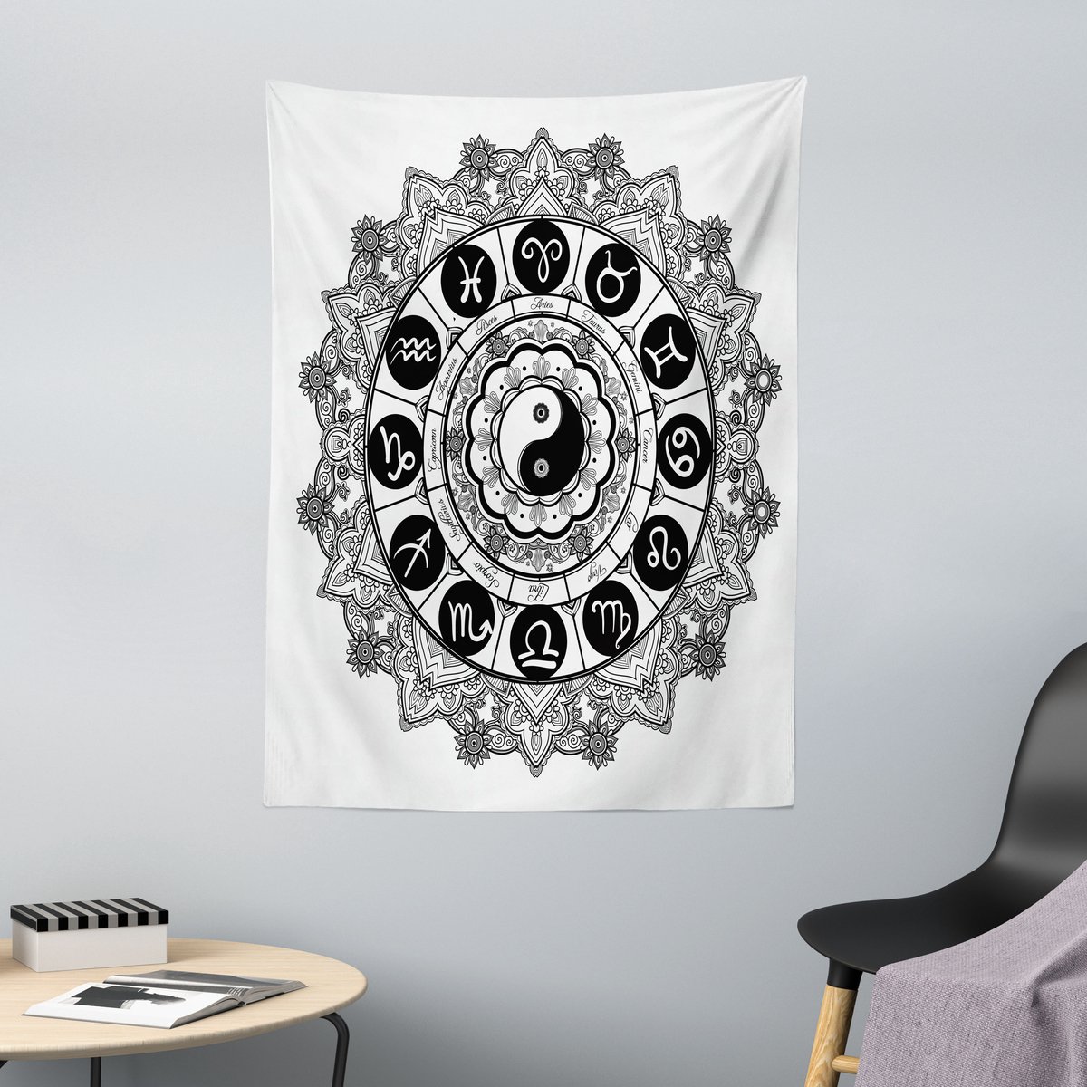 ABAKUHAUS Yin Yang Wandtapijt, Rond Ontwerp met Dierenriemthema en Astrologisch Teken in het midden, 110 x 150 cm, Zwart-wit