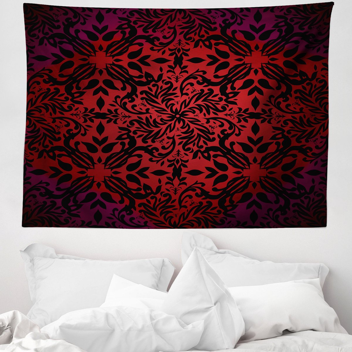 ABAKUHAUS rood-zwart wandtapijt met oosters bloemen- en bladmotief, gemaakt van zachte microvezelstof, 150 x 110 cm, zwart