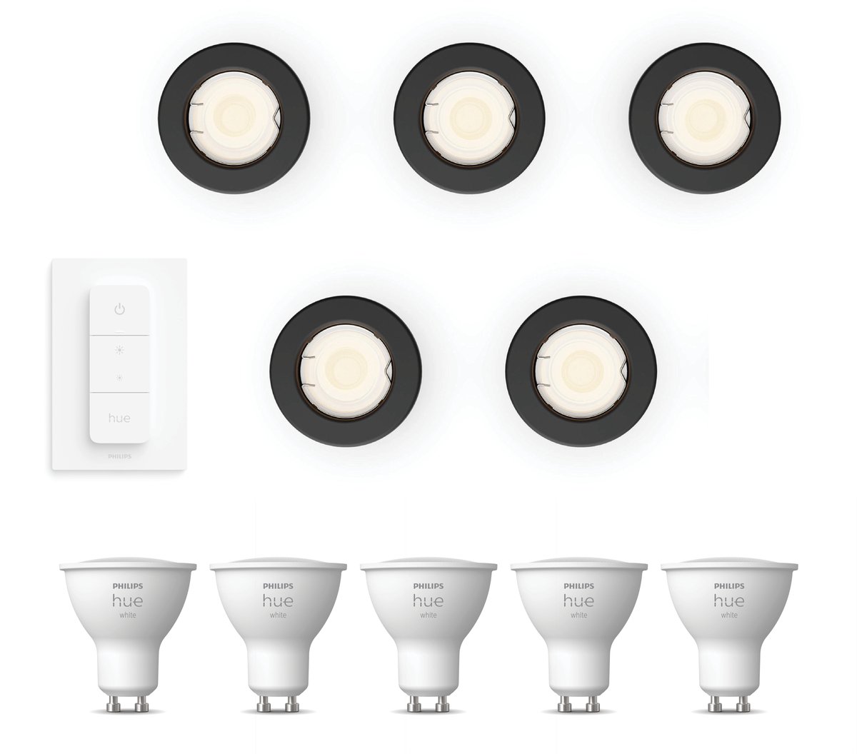 Philips Hue Peridot Set van 5 Inbouwspots (Zwart) - Rond - Niet Richtbaar - GU10 - Warmwit Licht - Incl. Hue Dimmer Switch - Hue White