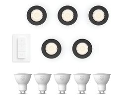 Philips Hue Peridot Set van 5 Inbouwspots (Zwart) – Rond – Niet Richtbaar – GU10 – Warmwit Licht – Incl. Hue Dimmer Switch – Hue White