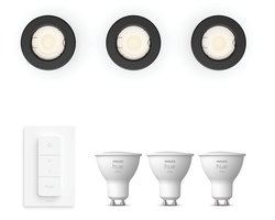 Philips Hue Peridot Set van 3 Inbouwspots (Zwart) – Rond – Niet Richtbaar – GU10 – Warmwit Licht – Incl. Hue Dimmer Switch – Hue White