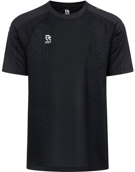Zwarte Robey sportshirt met logo op de borst en patroon op de rug.