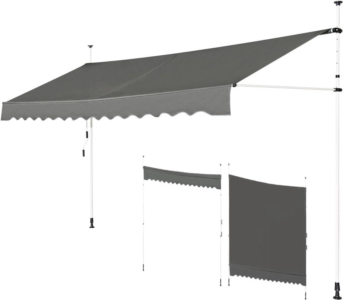 KOMFOTTEU Klemluifel, 200 cm breed, luifel voor balkon, zonder boren, luifel met handslinger, uv-bestendig, in hoogte verstelbaar, waterafstotend, zonwering voor balkon, terras en tuin