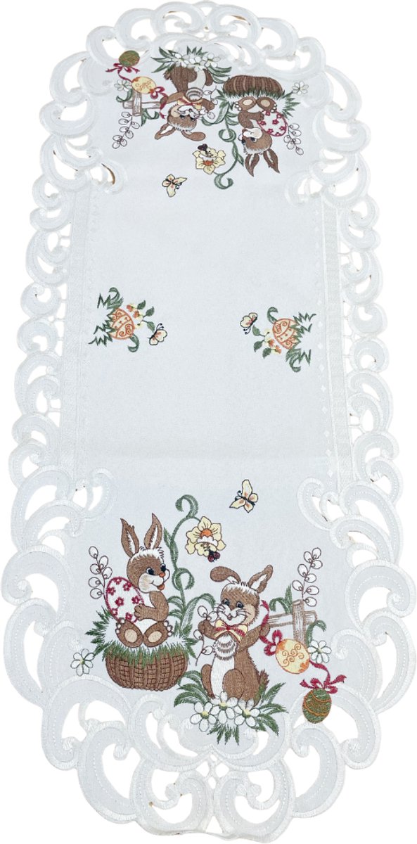 Tafelloper - Pasen - twee paashazen en paaseieren - Creme - 45 x 130 cm