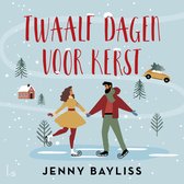 Twaalf dagen voor kerst, met een koppel dat schaatst in de sneeuw, een gele auto met een kerstboom en dennenbomen.