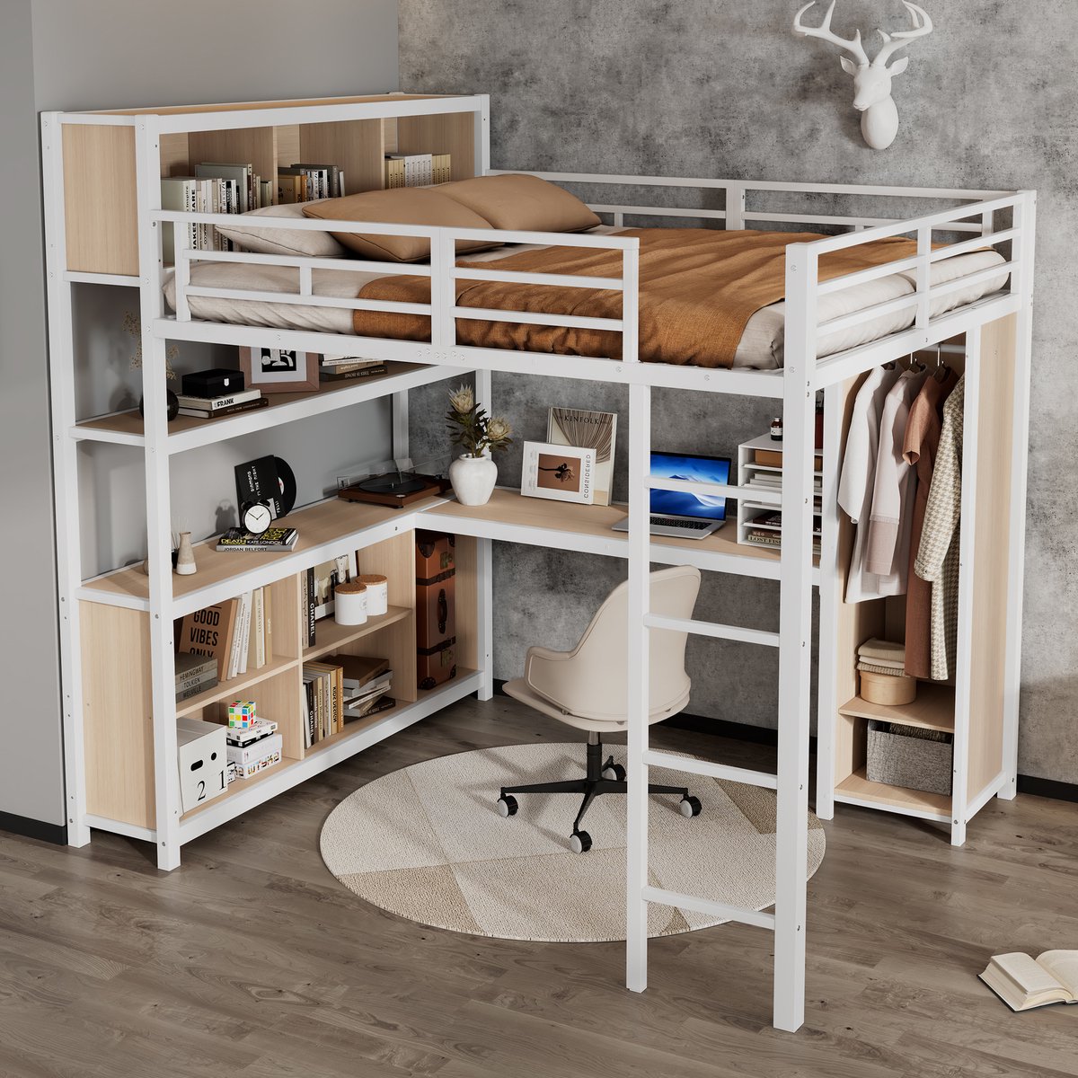 MODFU Hoogslaper – 140x200 cm – Met bureau & kledingkast – Metaal/hout – Wit/Naturel