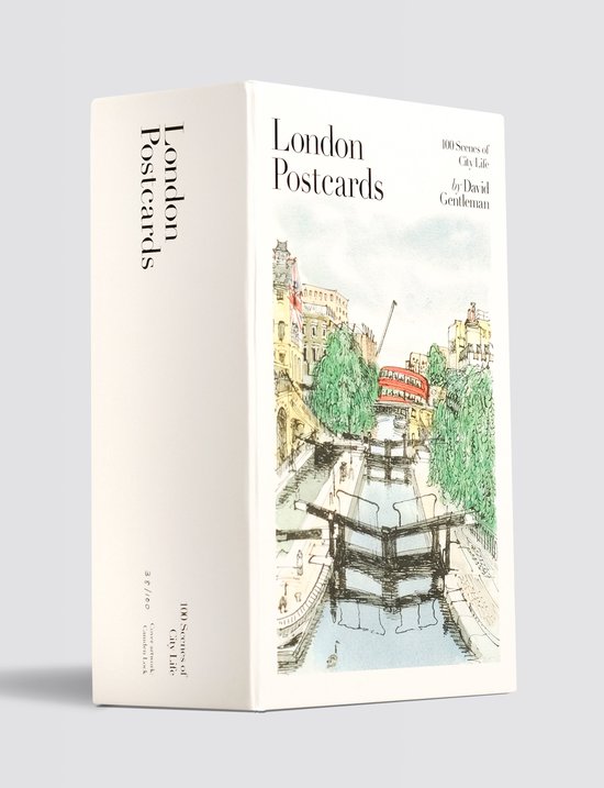 Boek "London Postcards" met een aquarel van Camden Lock en een rode tram.