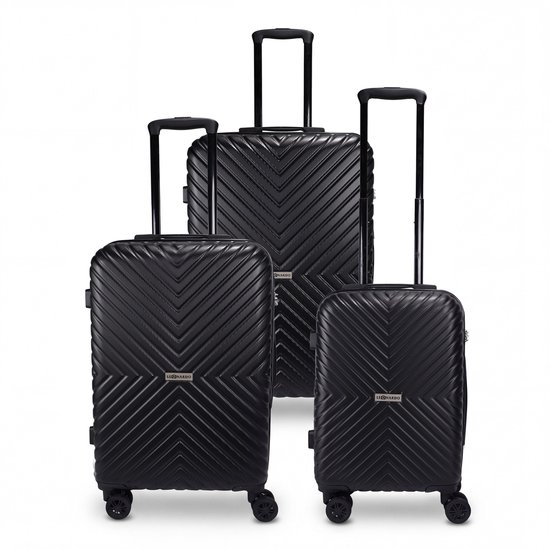 Zwarte Leonardo koffer set met visgraatmotief en uittrekbare handvatten. Drie maten: handbagage, medium en large.