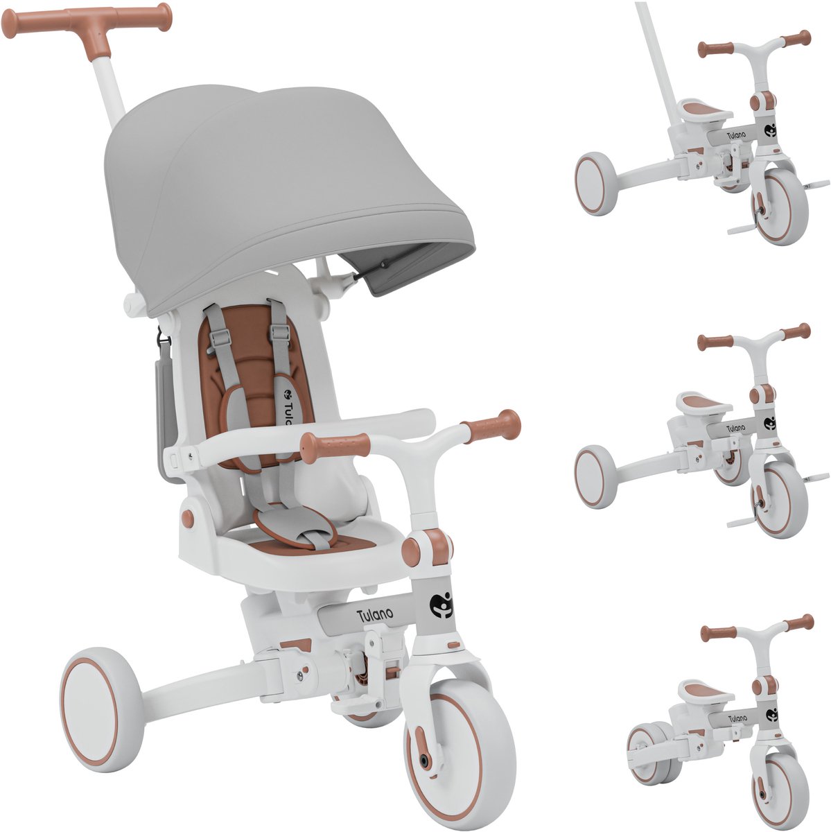 Tulano Noah 35 - Driewielige fiets - 4-in-1 driewielige fiets met duwstang, driewielige fiets om zelfstandig te rijden, loopfiets, loopfiets - met waterdichte kap - opvouwbaar - wielen van EVA-schuim - grijs