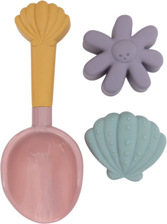Roze schep met gele schelpvormige handgreep, paarse bloemvorm en lichtblauwe schelpvorm.