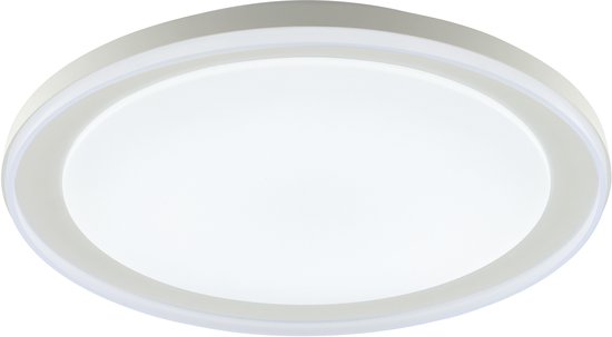 Zijaanzicht van de witte, ronde plafondlamp met een diffuse lichtbron en verlichte rand.