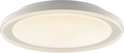 Zijaanzicht van de witte, ronde plafondlamp met warm, diffuus licht en verlichte rand.