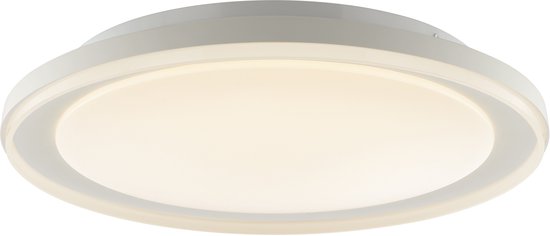 Zijaanzicht van de witte, ronde plafondlamp met warm, diffuus licht en verlichte rand.