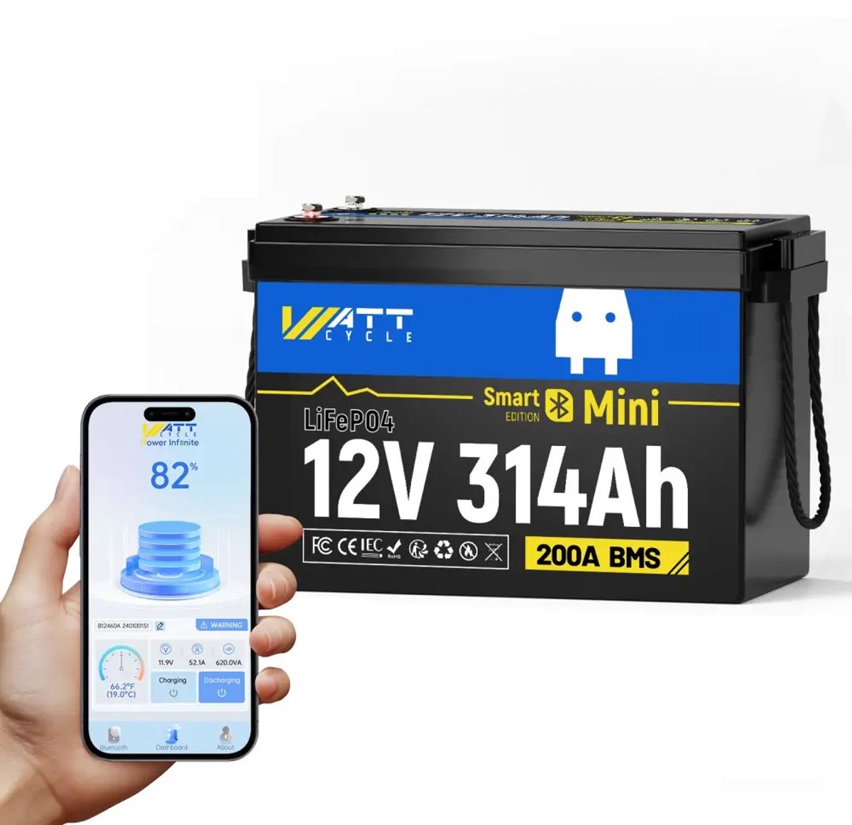 WattCycle 12V 314Ah Mini Bluetooth Lithium Deep Cycle Accu - Draagbaar laadstation met Bluetooth, slimme app-monitoring, ideaal voor campers, zonne-energiesystemen, thuisopslag, trollingmotoren en maritieme toepassingen