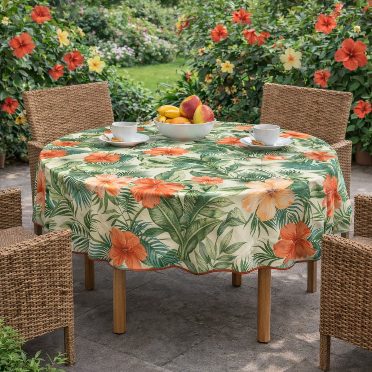 Unique Living Tafelzeil - Hibiscus Bloemen - 160CM Rond - Ecru/Multi