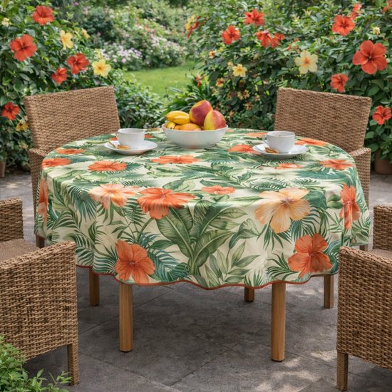 Filumi Tafelkleed, 120 x 240 cm, beige, afwasbaar, voor binnen en buiten, plantenpatroon Amalu