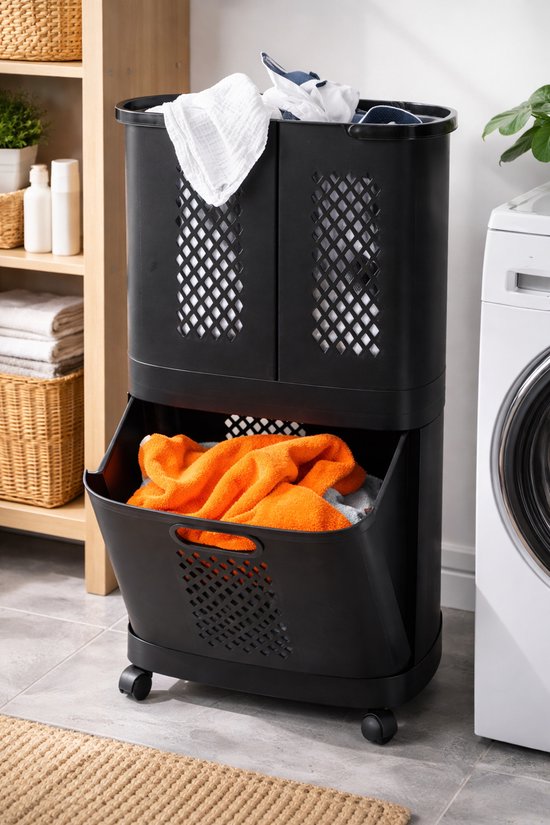 Eleganca Wasmand met drie vakken - 95 Liter - Kunststof - Zwart