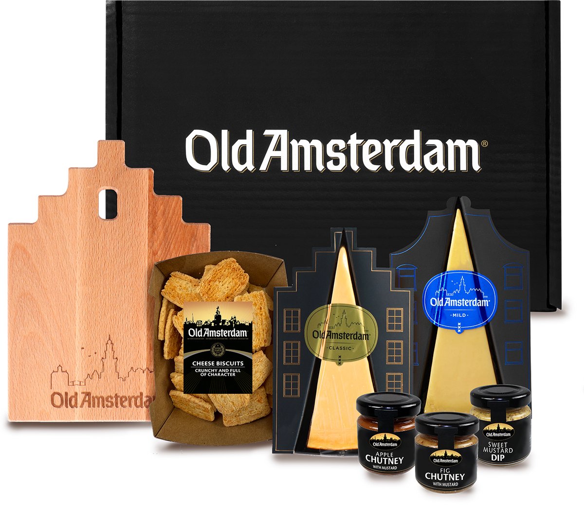 Old Amsterdam Flavour Box – Kaaspakket met 2 Kazen, Chutneys & Borrelplank – Borrelpakket – Cadeaupakket