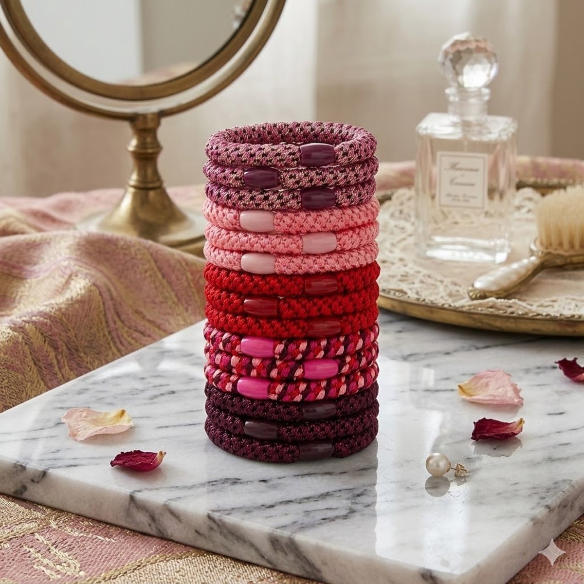 15 x Knekkie Haarelastiekjes met Kraaltje – Gevlochten Elastiek & Armband - Rode Stijl — cadeau in Mode & Accessoires - foto 3