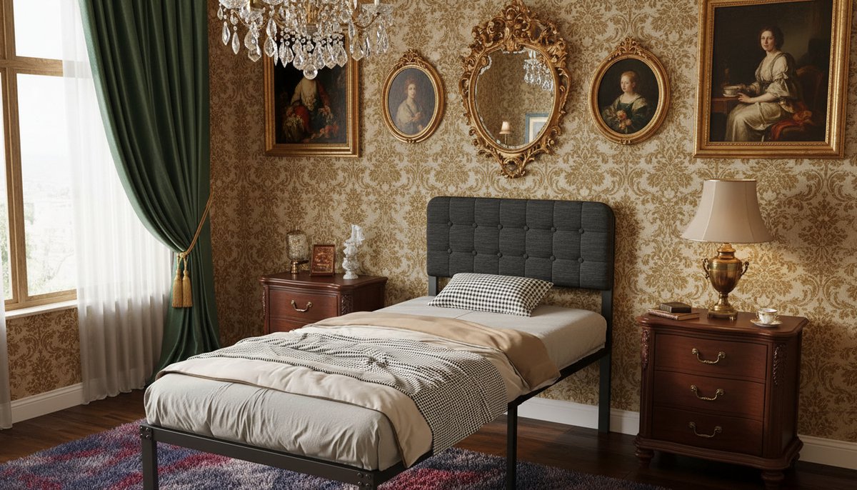 Bedframe 90x190 cm met Gestoffeerd Hoofdbord – Casa Velluto Metalen Eenpersoonsbed met Lattenbodem – Stevig Stalen Bedframe met 41 cm Opbergruimte – Geluidsvrij Slaapframe – Eenvoudige Montage – Zwart
