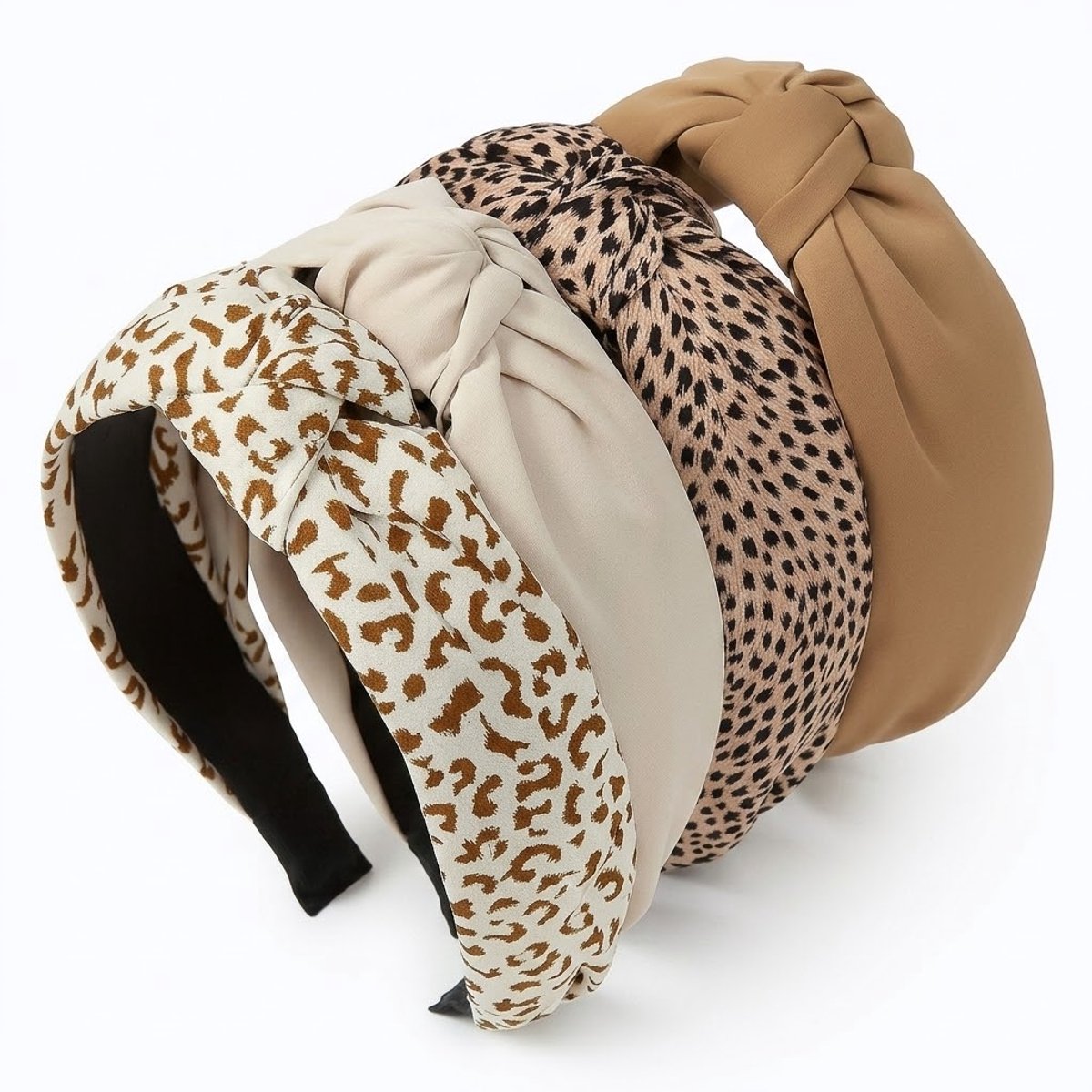 Set van 4 haarbanden dames – stoffen haarbanden met knoopdetail – beige, bruin en panterprint – brede handmade haar accessoires
