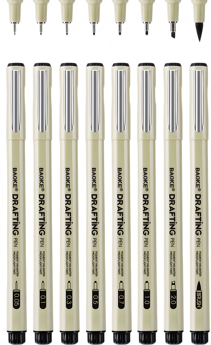 Ainy - Teken Fineliners Acht watervast - set van 8 zwart fineliner | fine liner kawaii manga / anime tekenen op schetsboek | bullet journal | handlettering | Pigment liner penselen | calligraphy pennen
