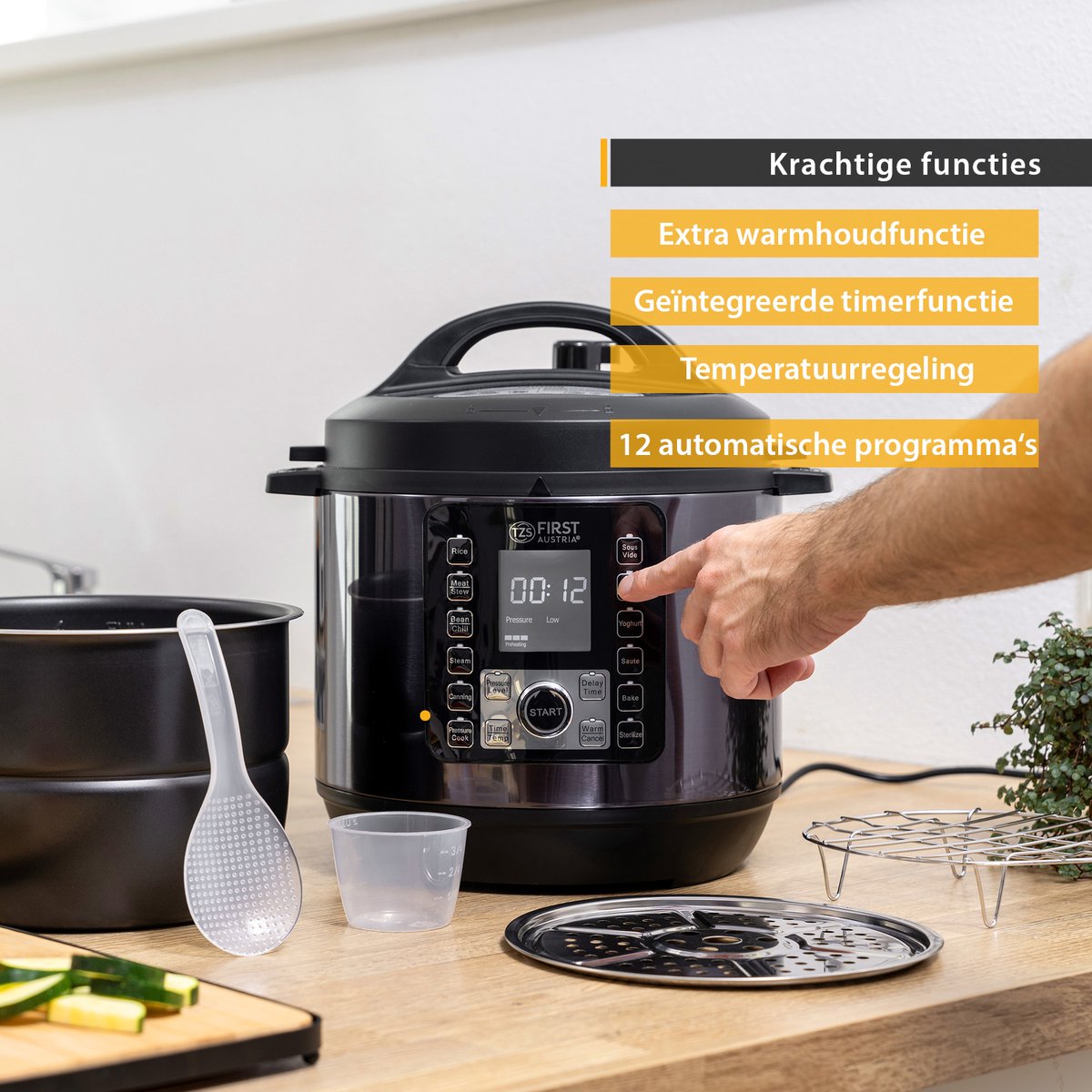 TZS First Austria Multicooker - 6L - 1000W - Snelkookpan - Rijstkoker - 12 Kookfuncties - RVS - Timer - Zwart – foto 8