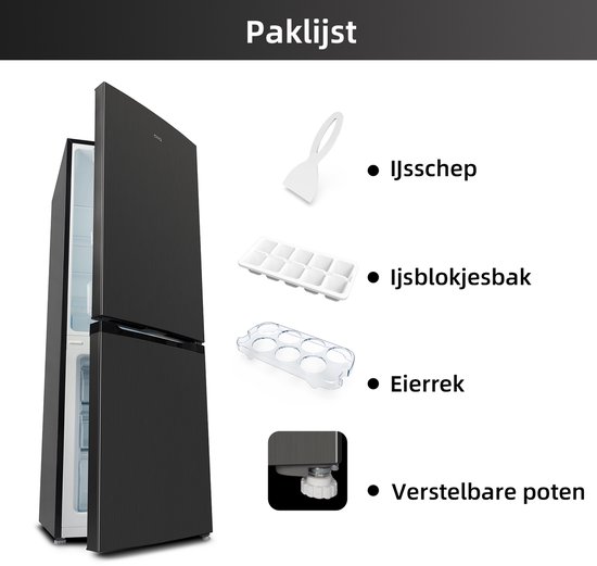 Zwarte koelkast met open deur, naast de paklijst: ijsschep, ijsblokjesbak, eierrek en verstelbare poten.