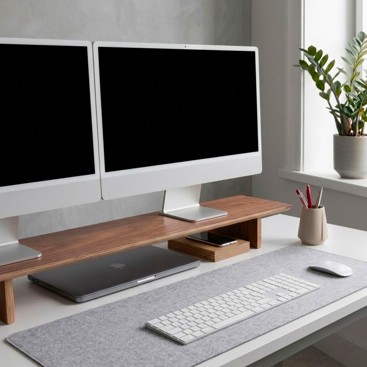 Monitor Standaard – Monitor Verhoger 110 cm – Houten Monitorstandaard voor 1 of 2 Schermen – Walnoot Design – Bureau Organizer – Laptop Stand – Mavero