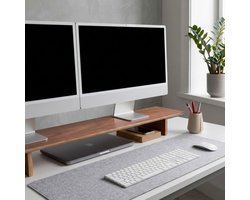 Monitor Standaard – Monitor Verhoger 110 cm – Houten Monitorstandaard voor 1 of 2 Schermen – Walnoot Design – Bureau Organizer – Laptop Stand – Mavero