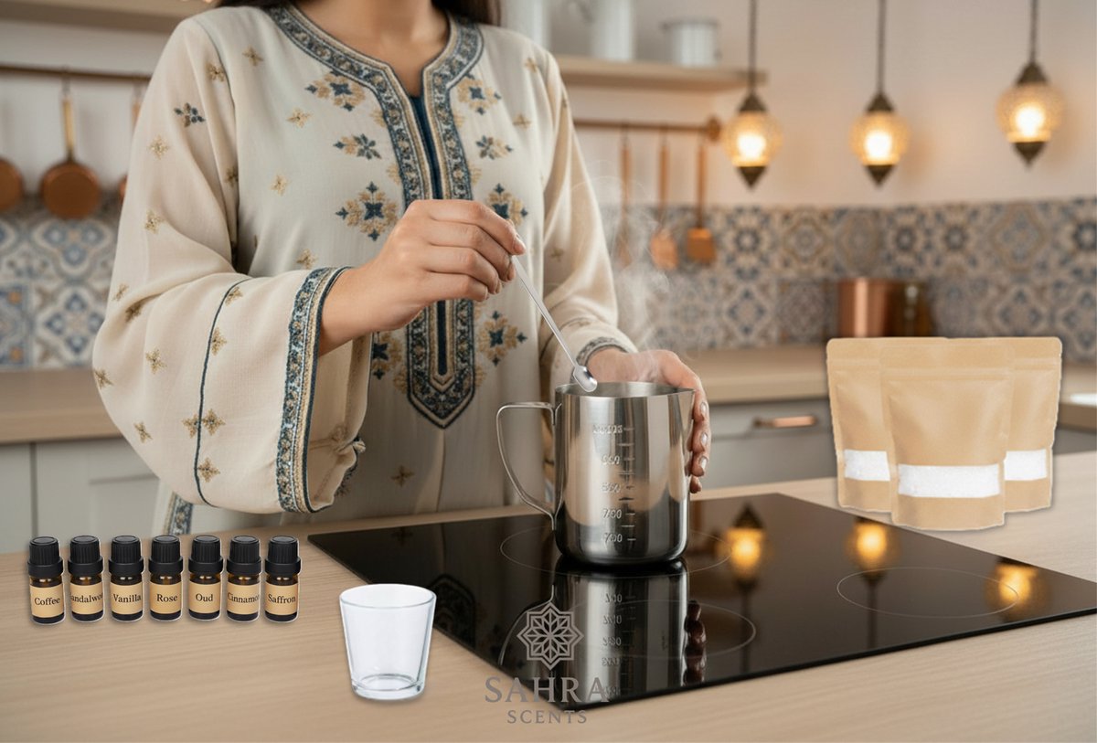Sahra Scents - Luxe Arabische DIY Kaarsen Maken Set - 7 Oosterse Geuroliën - Complete Candle Kit - E-book - 600 gram Soja Wax - Inclusief Lonten, Glas en Mallen - Creatief Cadeau — afbeelding 9