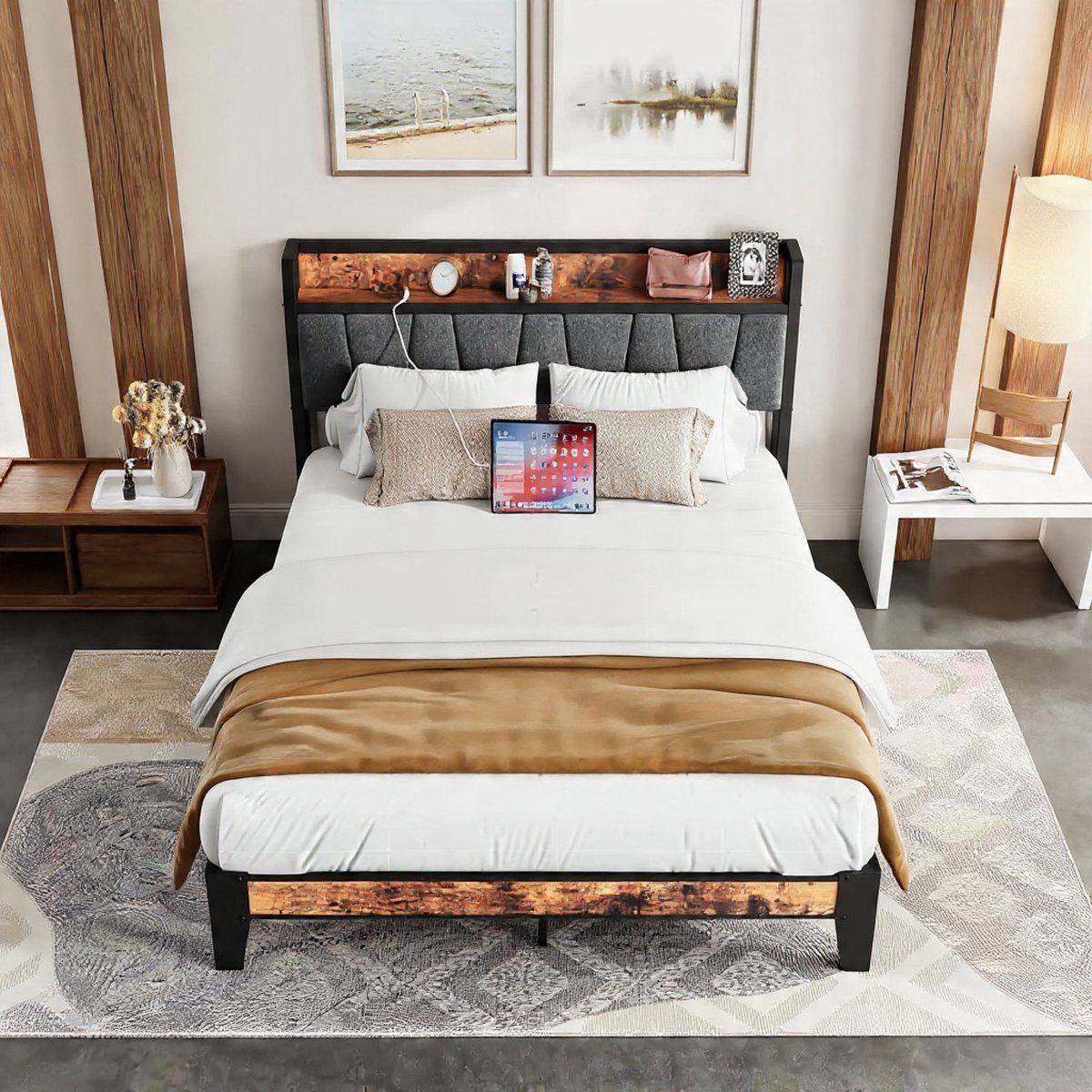 Premium Metalen Bed 140x200 cm met Gevoerd Hoofdeinde, USB-poorten, Type C, Stopcontacten & Opbergruimte – Industrieel Tiener- en Slaapkamerbed Furniture Land