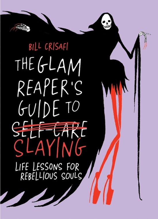 Boekomslag van 'The Glam Reaper's Guide to Slaying' met een zwarte, geklede figuur met roze benen en een zeis op een lila achtergrond.