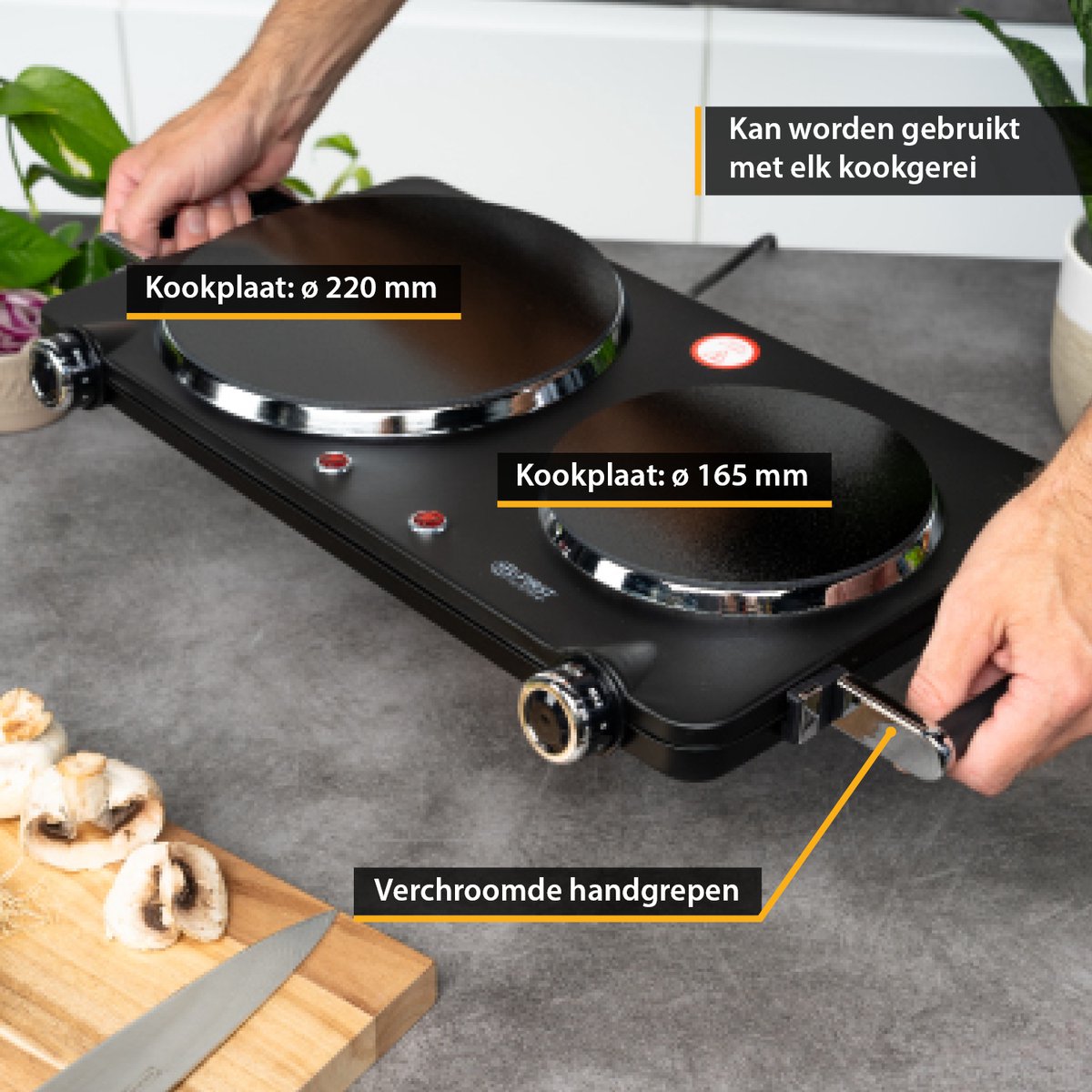 TZS First Austria Kookplaat 2500W - Kookplaat elektrisch vrijstaand - 2 kookzones - met Handgrepen - Zwart