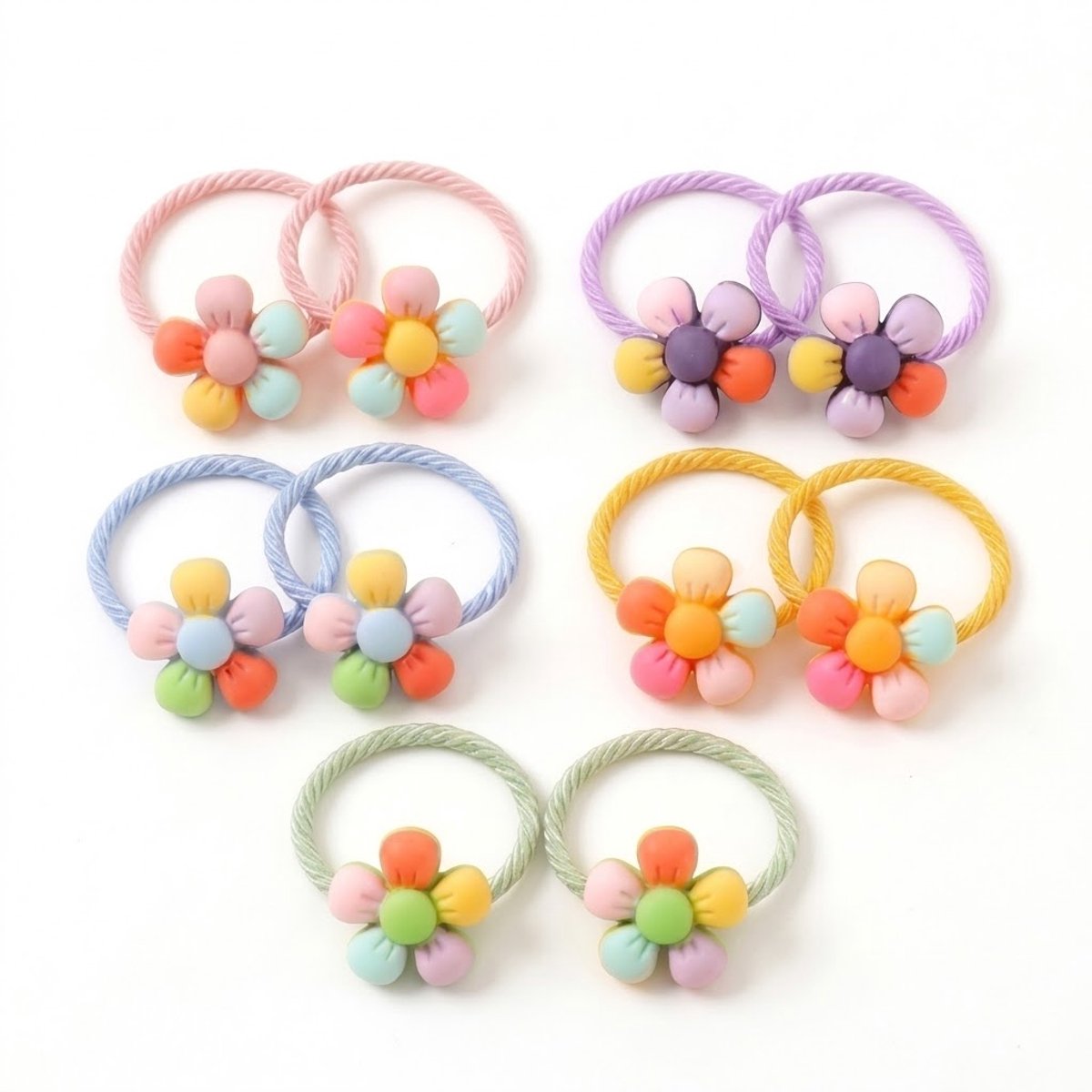 Kinder haar elastiek set 10 stuks (5 paren) – kleurrijke elastiekjes met kralen bloem decoratie – zachte multicolor haaraccessoires voor meisjes