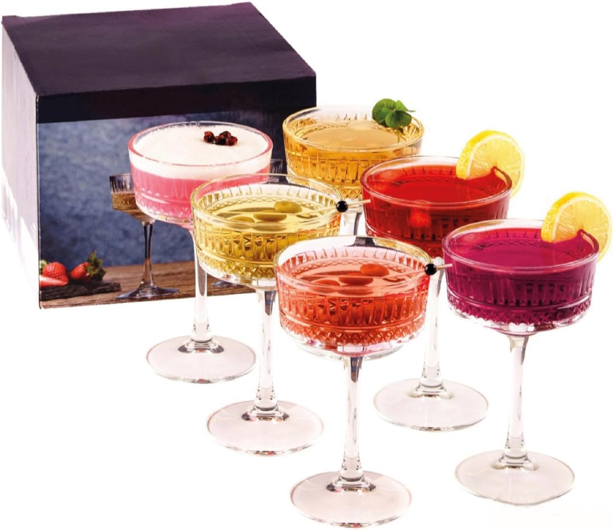 Set van 6 Vintage Coupe Glazen - Champagne, Cocktail, Martini en Wijnglazen