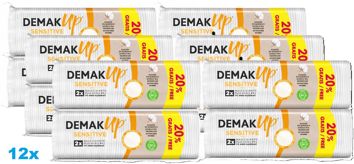 Demak’Up Sensitive Wattenschijfjes – 12 x 72 Stuks – Zacht & Pluisvrij – 100% Katoen – Voor Gevoelige Huid