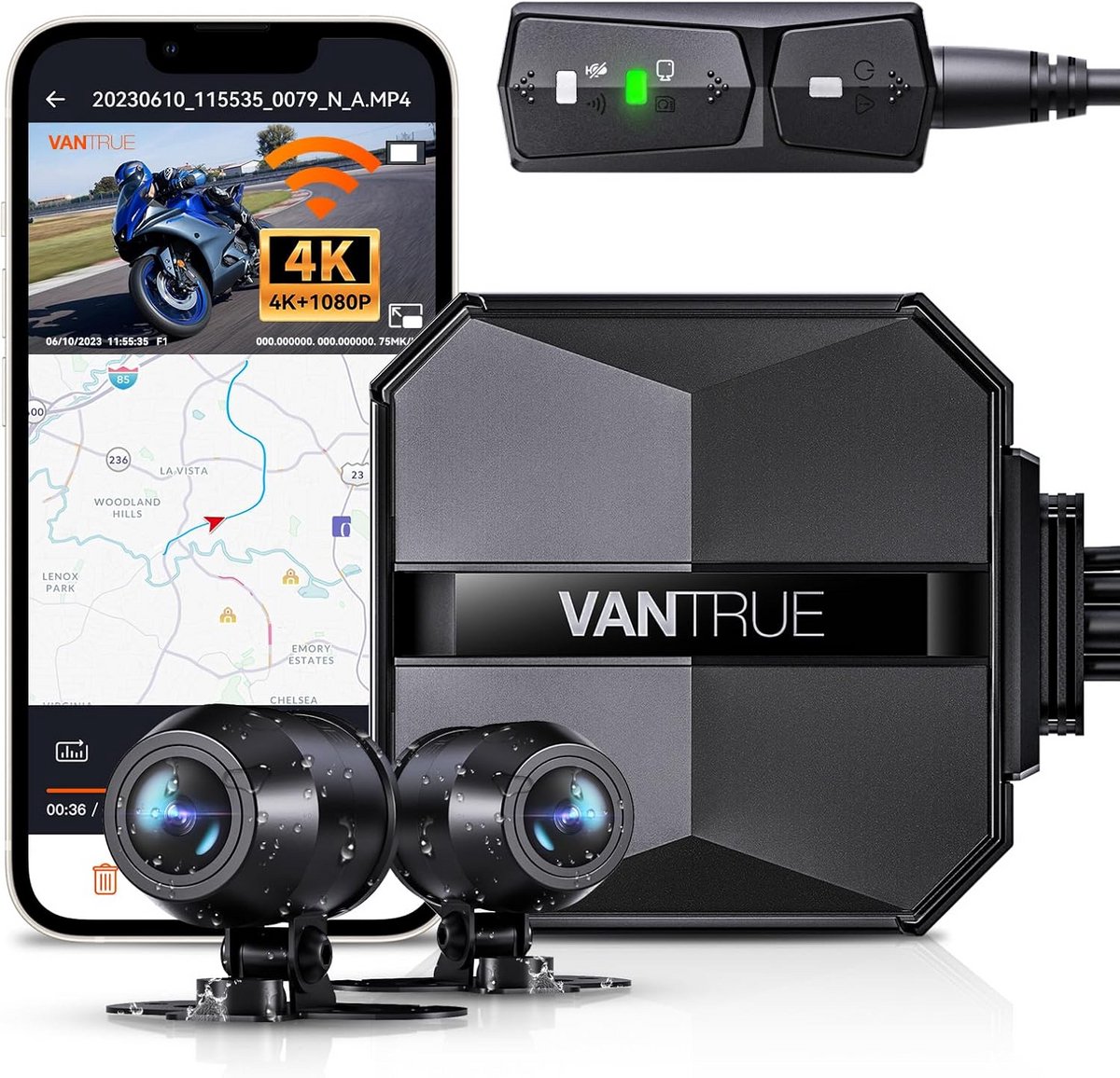 4K + 1080P Dashcam voor Motorfietsen met GPS en WiFi - Voor- en Achtercamera, IP67, Spraakindicaties, 24 Uur Bewaking en Collision Detection