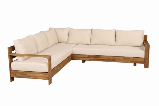 Ensemble lounge 5 places bois d'acacia Boris beige canapé d'angle 220 cm canapé lounge ensemble de jardin salon d'angle