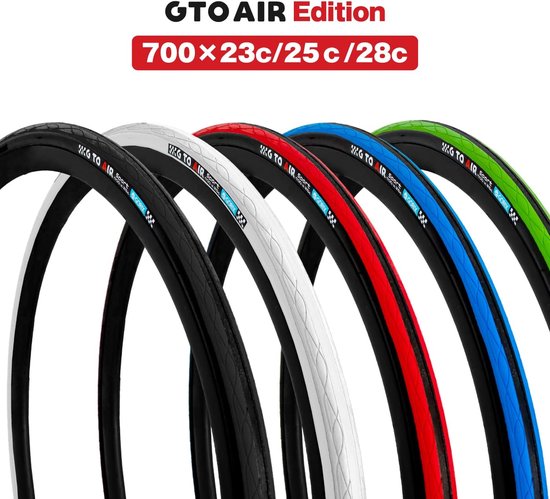 Vijf GTO AIR Edition fietsbanden naast elkaar in zwart, wit, rood, blauw en groen.